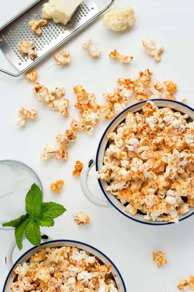 Overhead shot of Spicy Parmesan Party Popcorn in a bowl