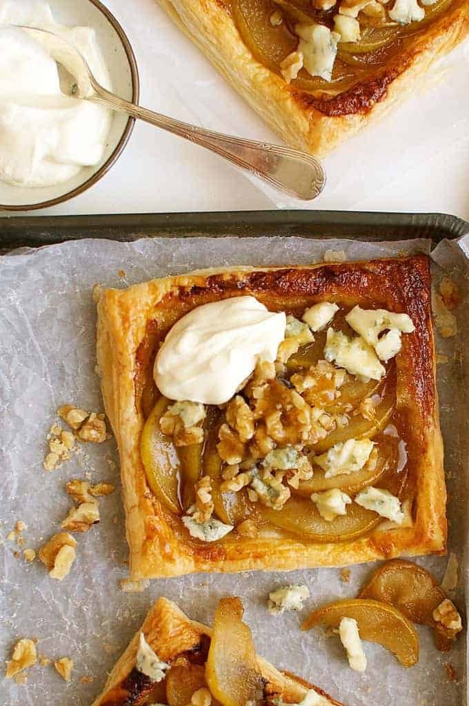 Closeup of Caramelized Pear and Blue Cheese Tarts