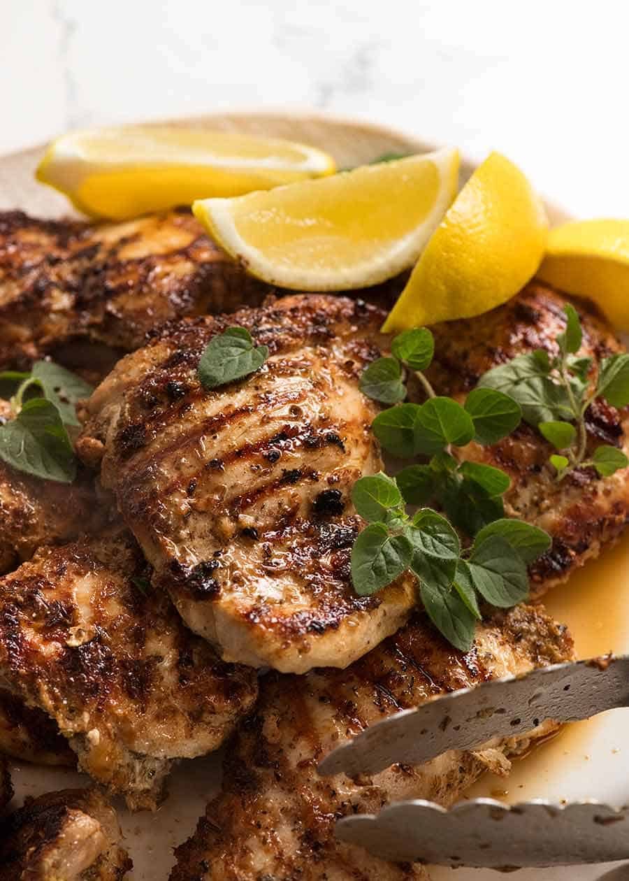 Cooked chicken for Greek Chicken Gryos fresh off the grill, ready to be served