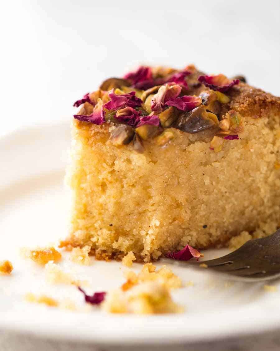 Close up of a slice of Persian Love Cake