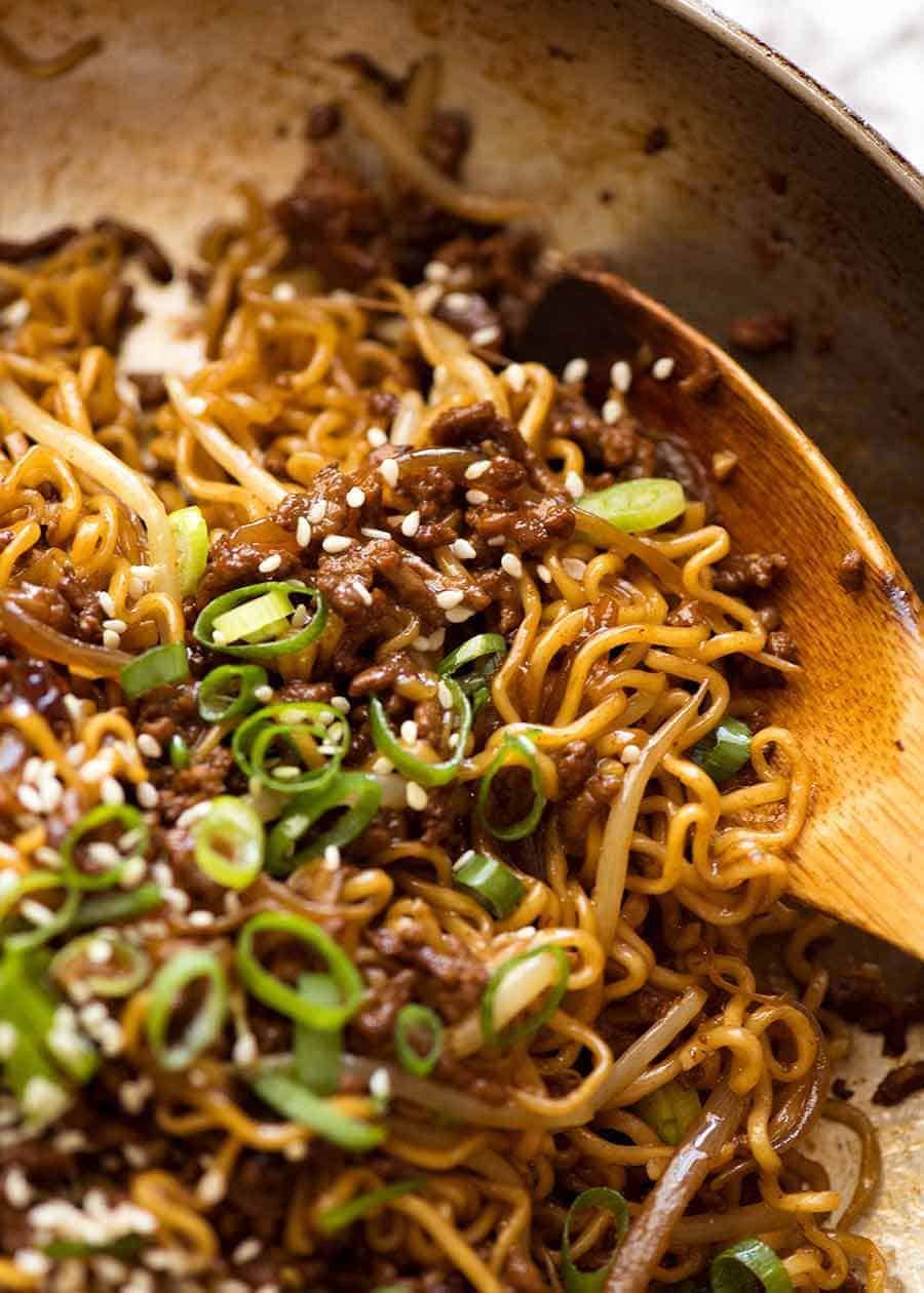 Close up of Quick Asian Beef Ramen Noodles fresh off the stove, ready to be served