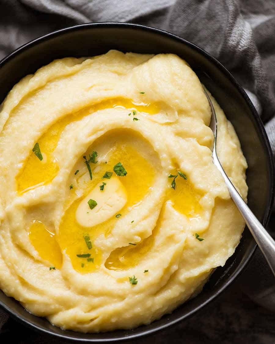 Overhead photo of Paris Mash (Rich & Creamy Mashed Potato) in a bowl, ready to be served