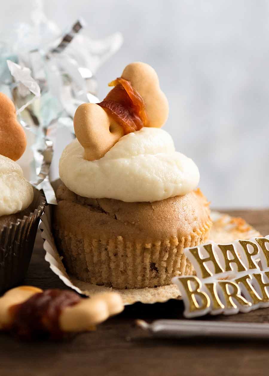 Close up of Pupcakes - doggie cupcakes for Dozer's birthday with frosting