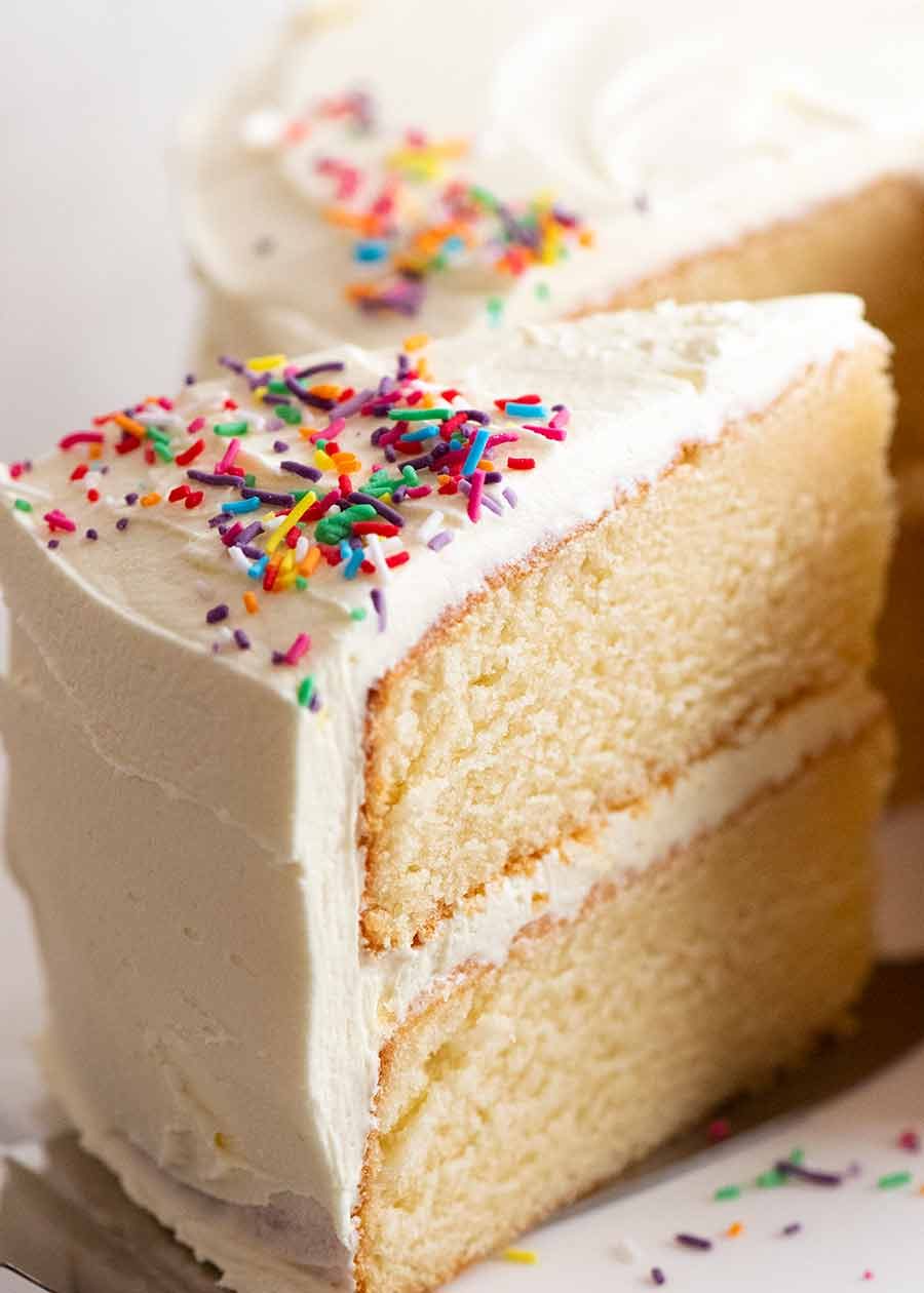 Close up of a slice of the best Vanilla Cake
