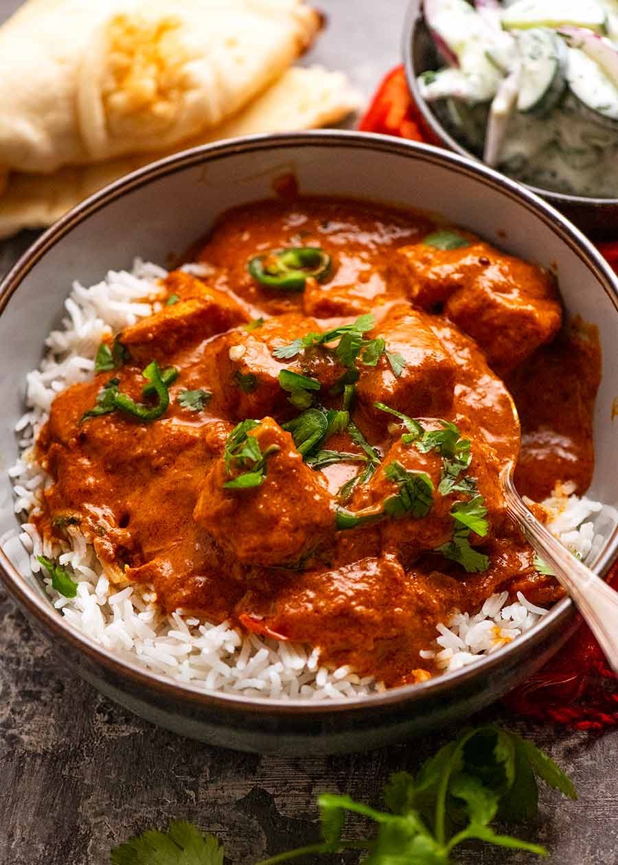 Goan Fish Curry in a bowl with basmati rice