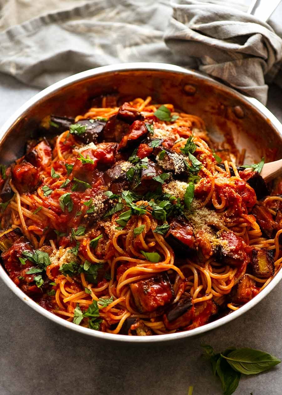 Pasta all Norma - Eggplant Pasta in a skillet, fresh off the stove