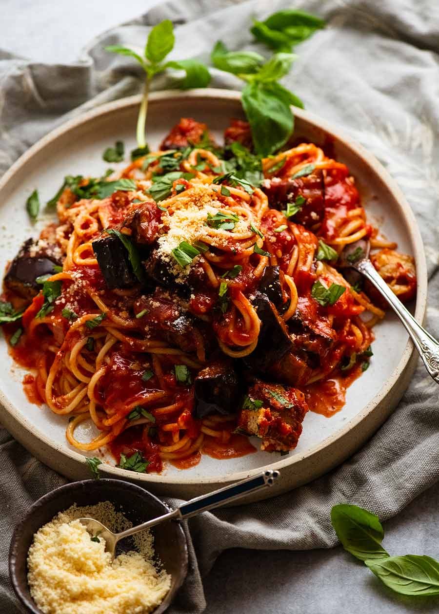 Pasta all Norma - Eggplant Pasta on a plate ready to be served