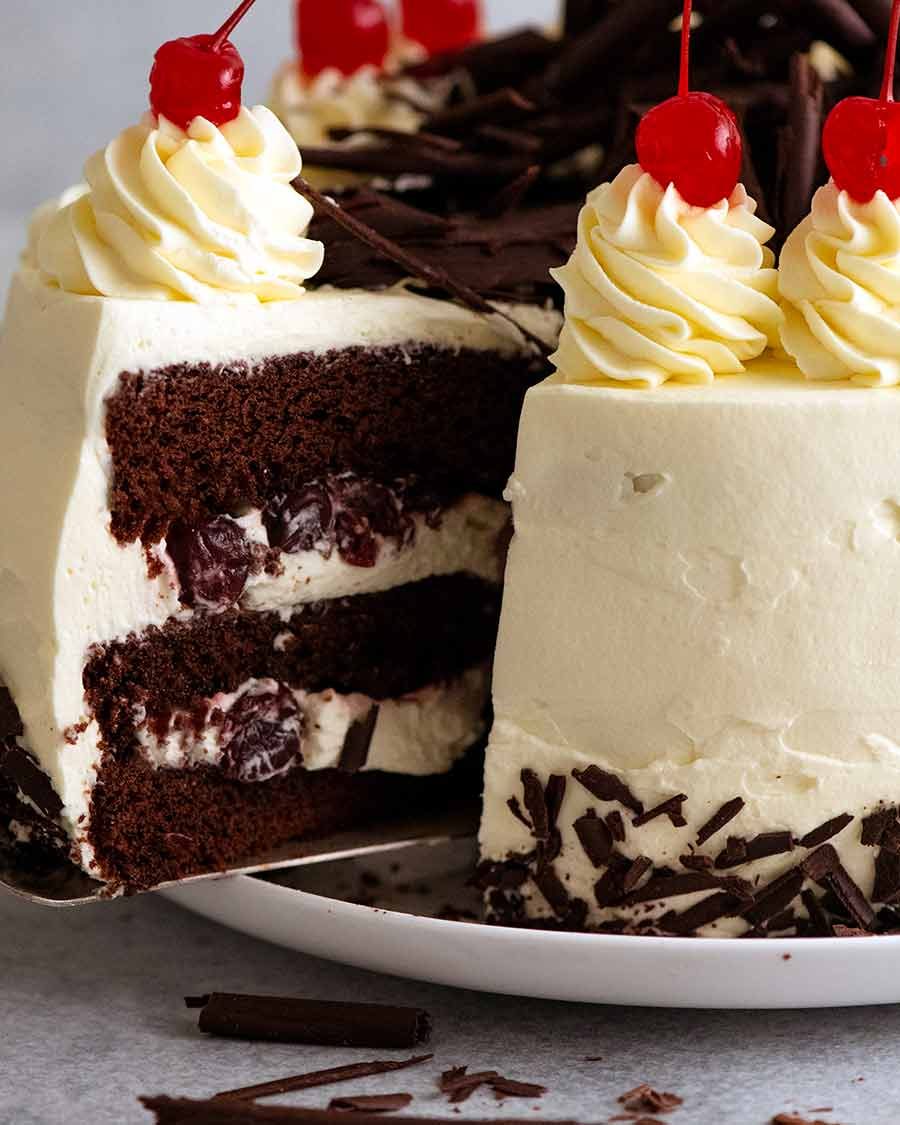 Close up of a slice of Black Forest Cake ready to be served